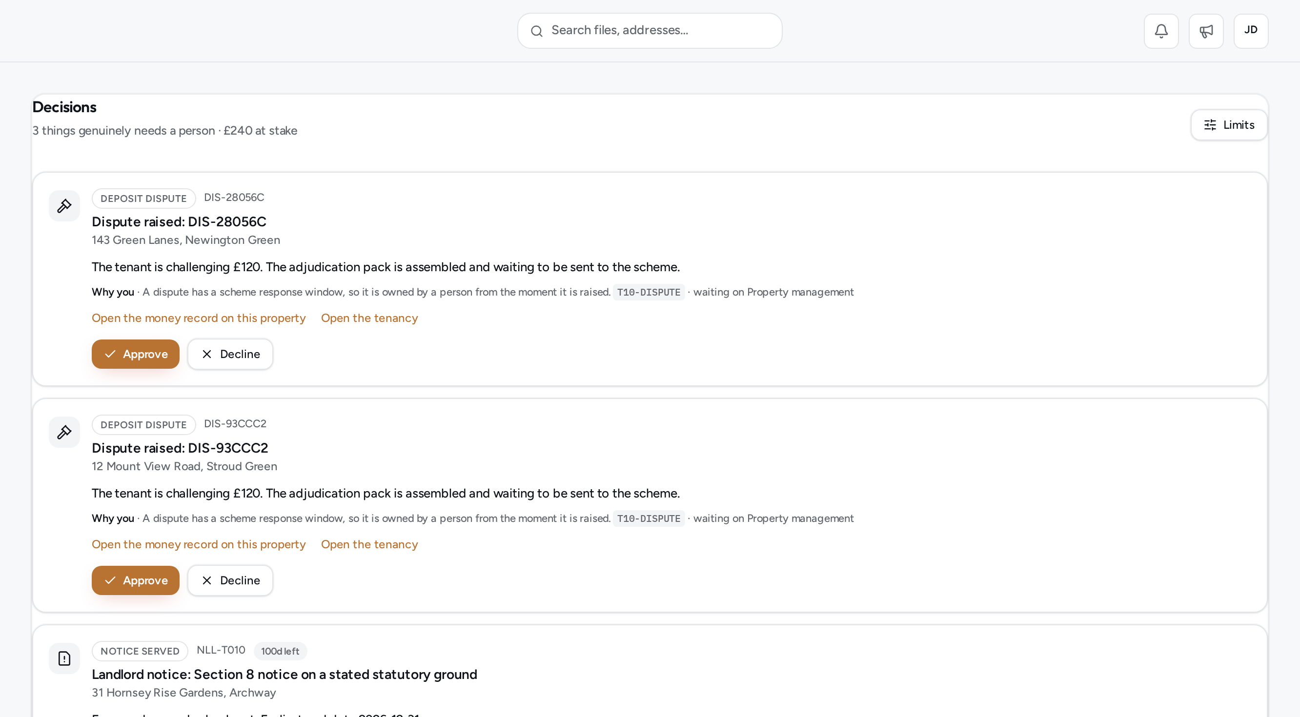 Kalea decisions queue showing deposit disputes and a landlord notice waiting for a person to approve