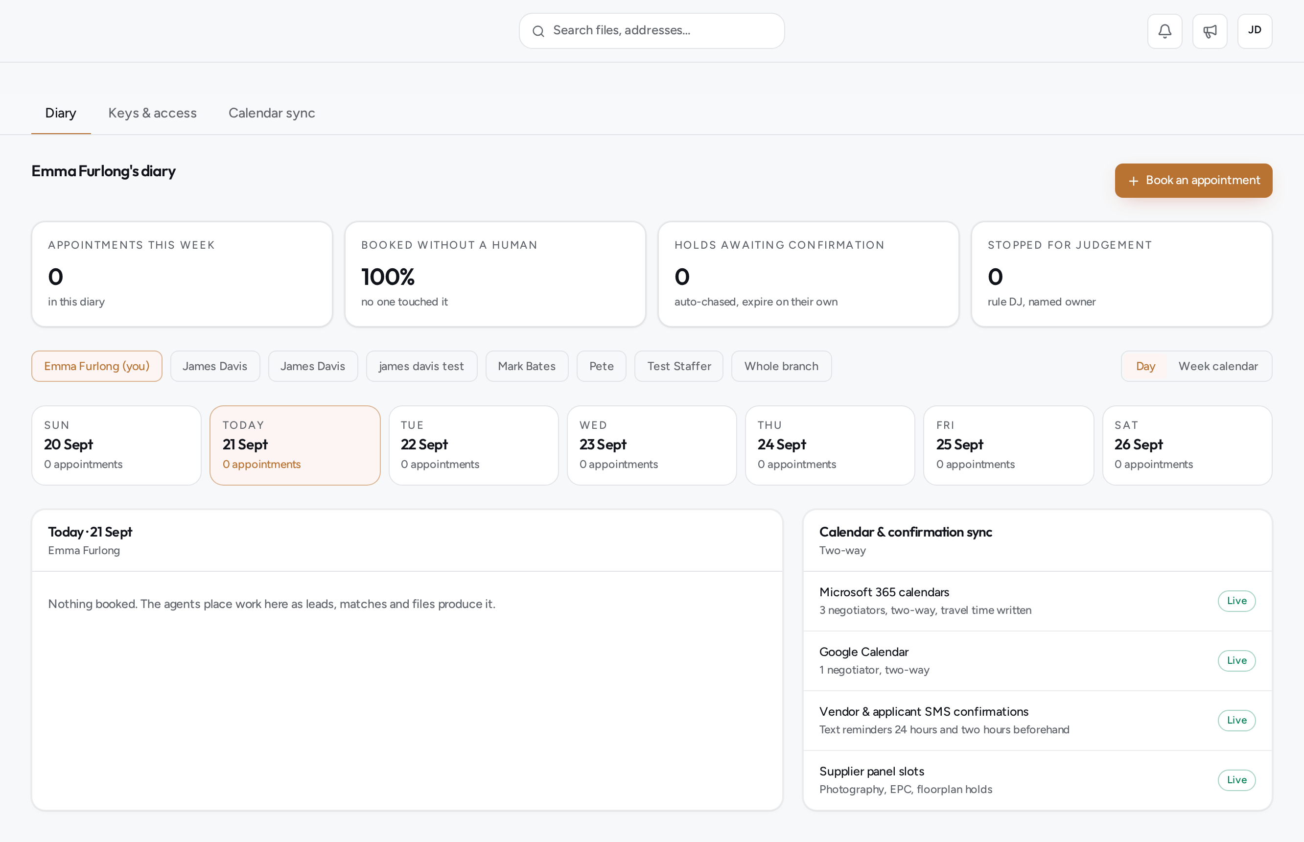 Kalea diary showing appointments, calendar sync and automatic confirmations