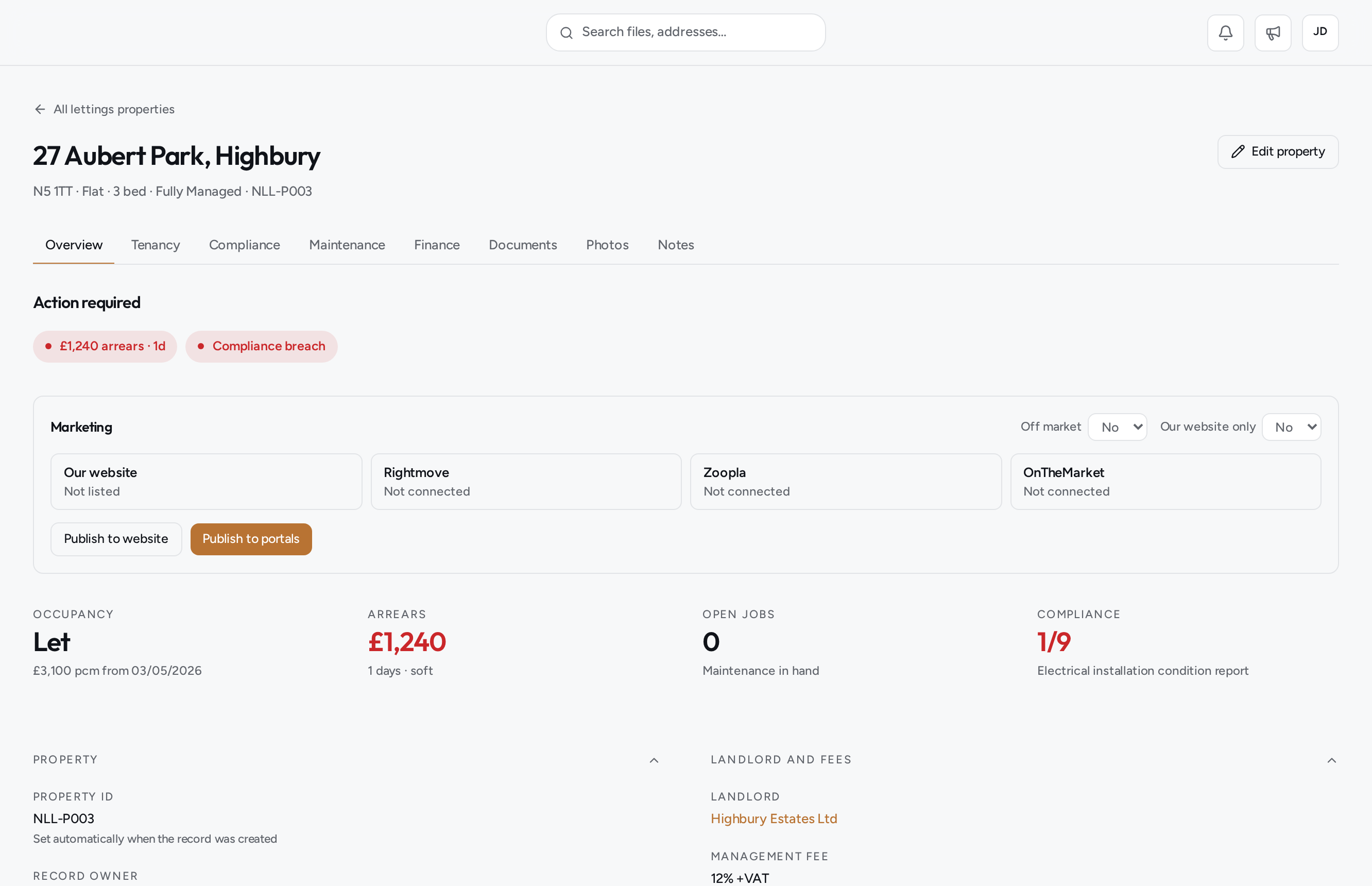 A Kalea property record showing tenancy, arrears, compliance, marketing and landlord fees in one place